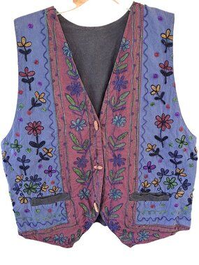 Embroidered Boho Patchwork Vest Toggles Floral Button Multicolor Medium Large